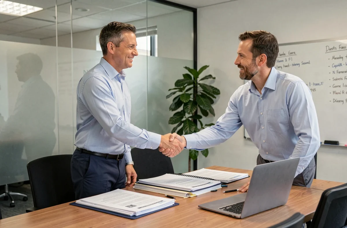 Consultant en portage salarial signant un contrat avec un client dans une salle de réunion professionnelle à Gap