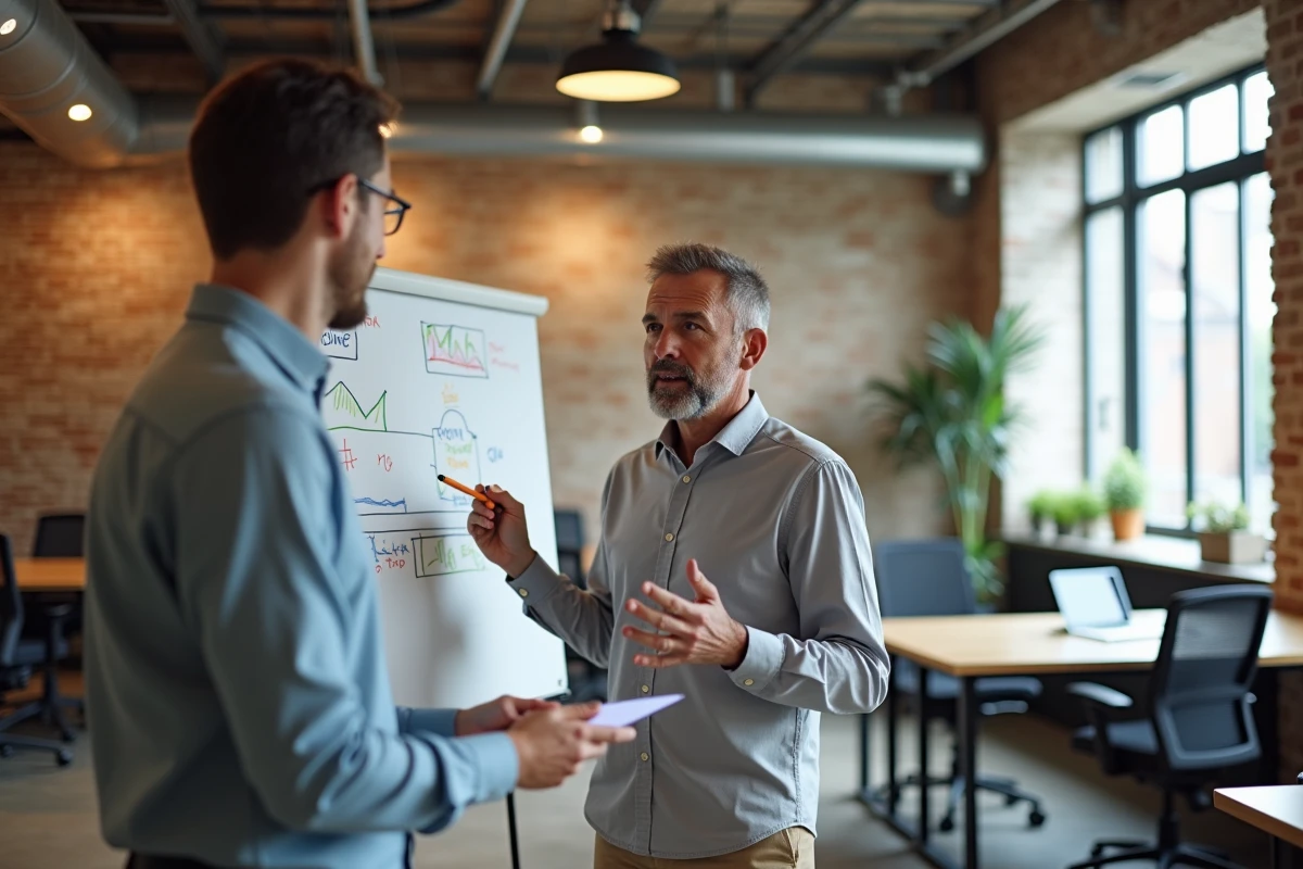 Consultant en prospection B2B présentant une stratégie de conversion clients sur un tableau blanc dans un espace de coworking