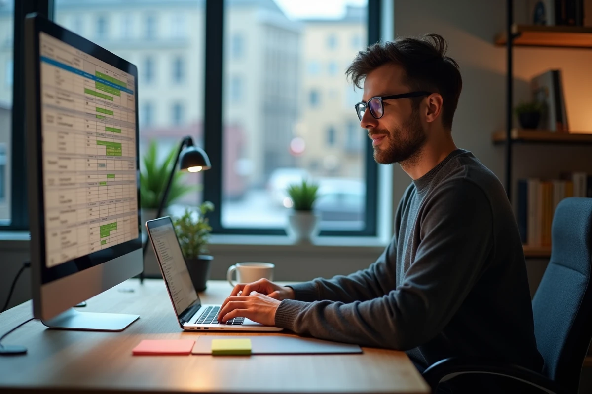 Consultant digital travaillant sur une analyse SWOT numérique depuis un bureau à domicile ou espace de coworking