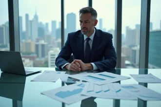 Consultant financier analysant des documents de valorisation d'entreprise avant une cession dans un bureau moderne