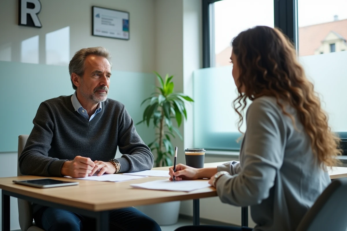 Conseiller en création d'entreprise accompagnant un entrepreneur lors d'une consultation dans un organisme d'aide régionale en France