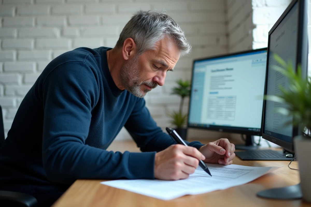 Homme consultant un document SIRET sur un site officiel depuis son bureau à domicile