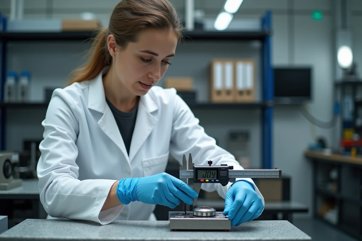 Ingénieure contrôle qualité mesurant une pièce usinée CNC MC avec un pied à coulisse numérique