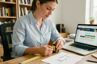 Femme mesurant une règle avec un ruban à mesurer montrant les pouces et les centimètres devant un ordinateur portable affichant un outil de conversion
