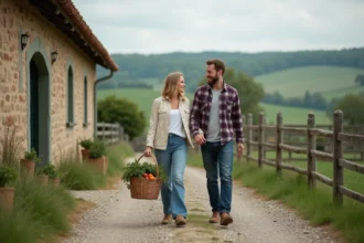 Couple en week-end à la campagne se promenant sur le chemin de la Ferme du Fays avec un panier de légumes frais