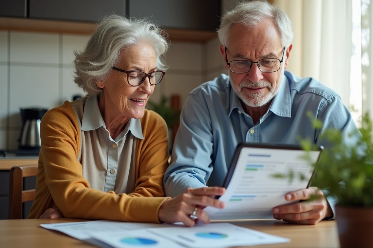 Couple de seniors examinant des documents et un site de transfert d'argent sur tablette pour identifier une potentielle arnaque