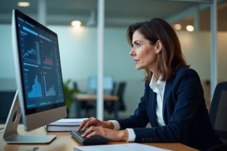 Courtière en assurance analysant des rapports statistiques sur un extranet professionnel dans un bureau moderne