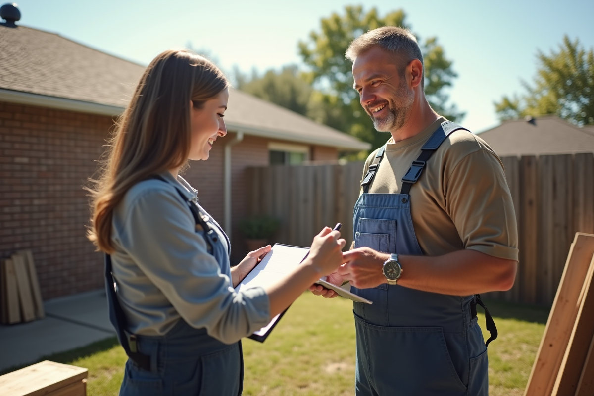 Homme couvreur avec contrat devant maison ensoleillee
