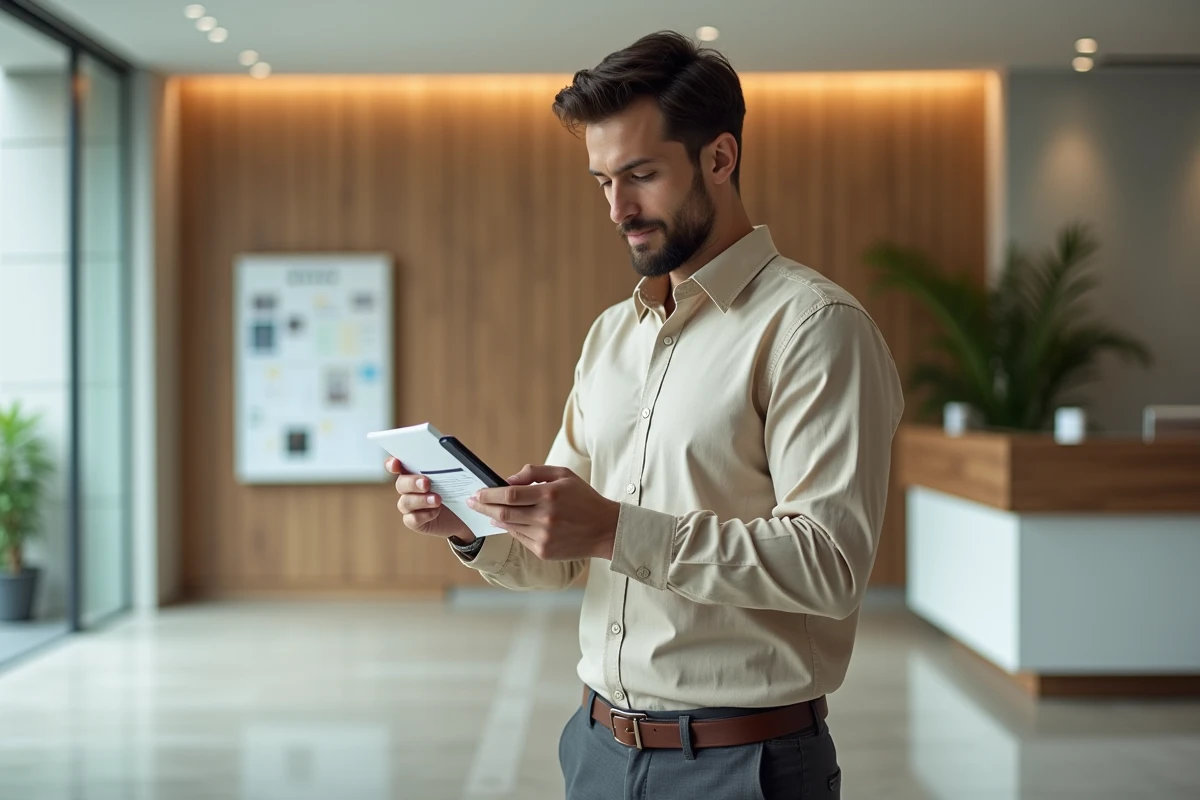 Salarié consultant les contacts utiles et horaires du CSE Dassault dans le hall d'accueil de l'entreprise