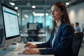 Employée du CSE Dassault effectuant ses démarches en ligne sur le portail adhérent depuis son bureau en entreprise
