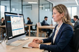 DAF femme utilisant un portail client de gestion financière sur un écran d'ordinateur dans un bureau moderne