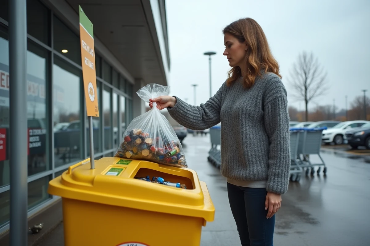 Femme déposant un sachet de batteries usagées dans un point de collecte Derichebourg devant un supermarché pour obtenir un meilleur prix de reprise