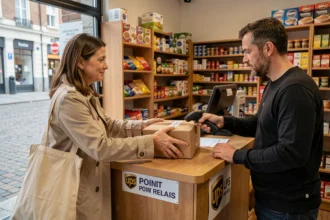 Femme déposant un colis UPS au comptoir d'un point relais en centre-ville