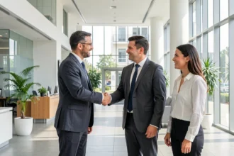 Deux professionnels se serrent la main dans un hall de bureau lumineux