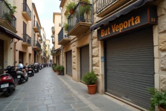 Devanture commerciale fermée dans une rue commerçante d'une ville corse avec architecture traditionnelle en pierre