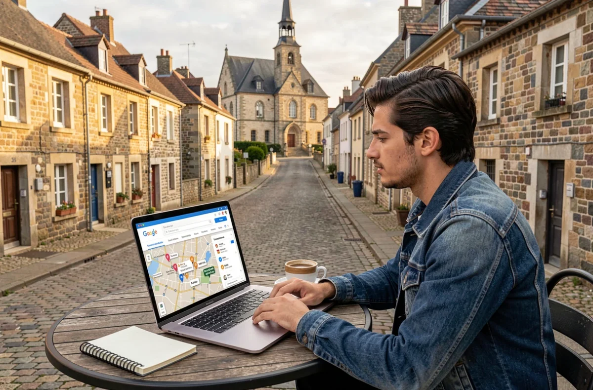 Consultant Digitori travaillant sur le référencement SEO de villes moyennes bretonnes depuis un café en centre-ville