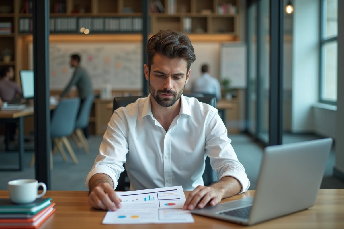 Directeur commercial analysant un document d'alignement stratégique entre marketing et ventes dans son bureau
