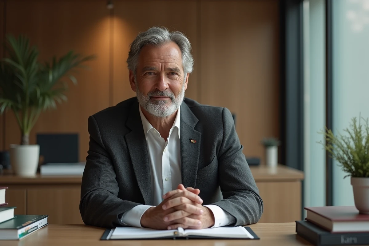 Dirigeant de L'Oréal assis à son bureau parisien, entouré de livres de marques cosmétiques, expression concentrée et engagée