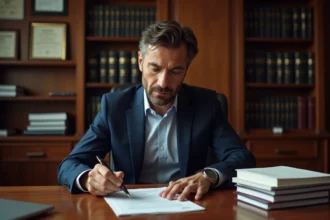Dirigeant d'entreprise examinant attentivement un contrat avant de signer pour ordre, assis à un bureau en chêne dans un bureau corporate