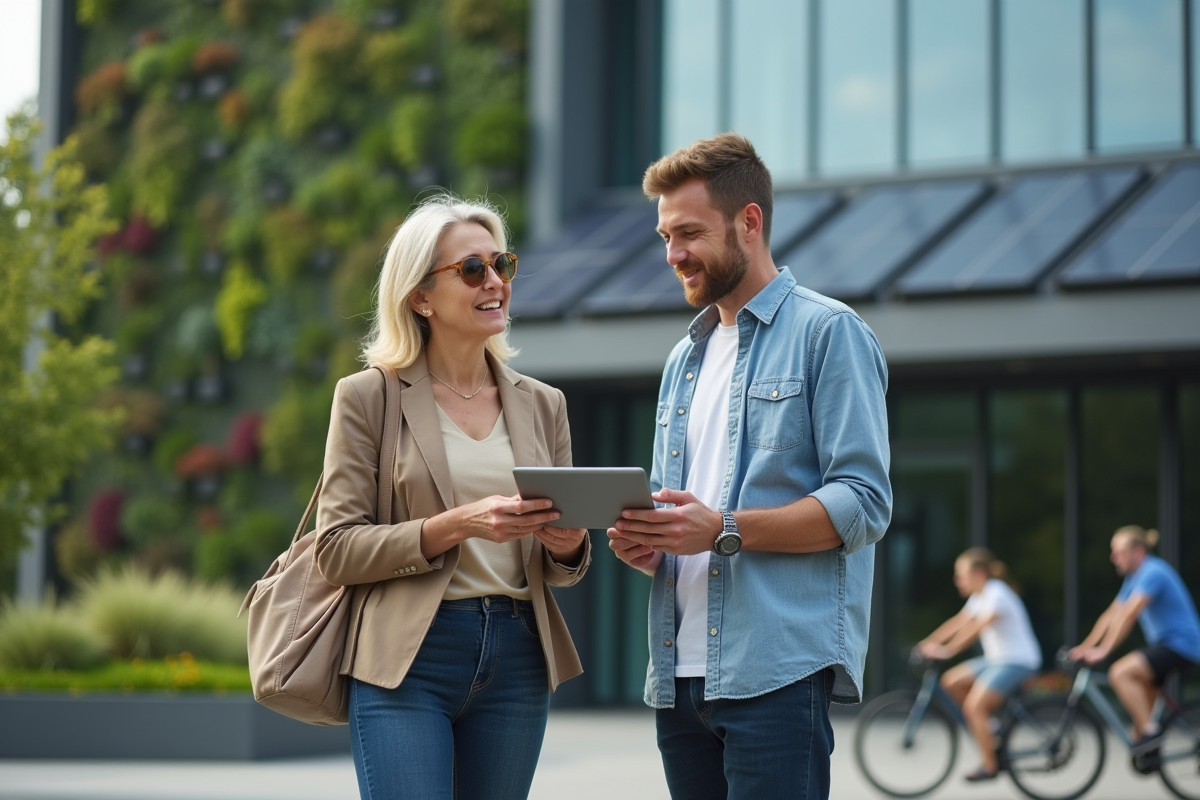 Homme et femme discutant des statistiques CSR devant un bâtiment écologique