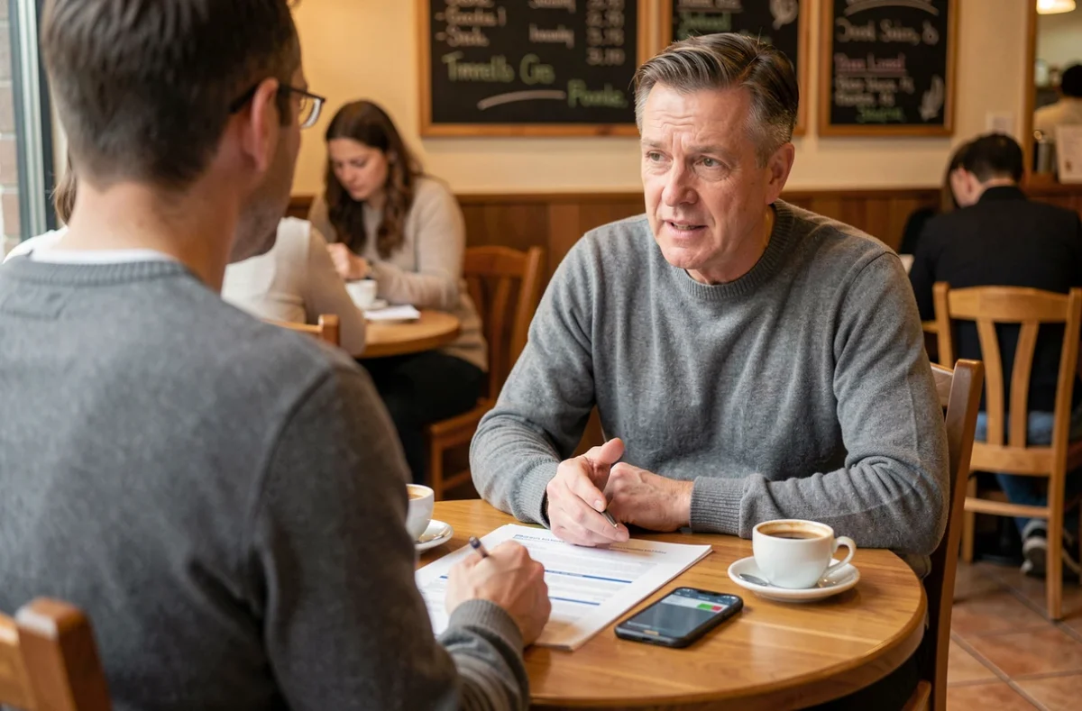 Entrepreneur discutant d'un plan d'affaires imprimé avec un associé autour d'un café, illustrant le lancement d'un business avec peu de capital