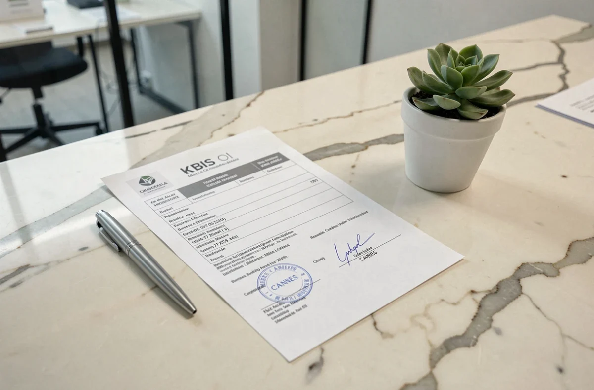 Documents administratifs de domiciliation d'entreprise à Cannes avec extrait Kbis et formulaire d'immatriculation sur bureau en marbre
