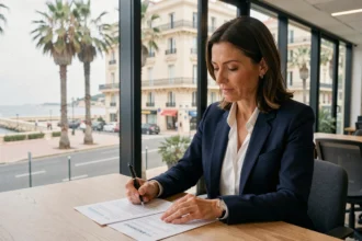 Femme d'affaires consultant des documents de domiciliation d'entreprise dans un bureau moderne avec vue sur la Croisette de Cannes