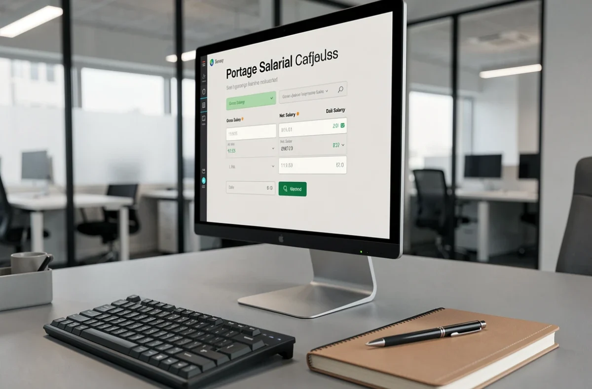 Écran d'ordinateur affichant une simulation en ligne de salaire en portage salarial avec un carnet de notes sur un bureau professionnel