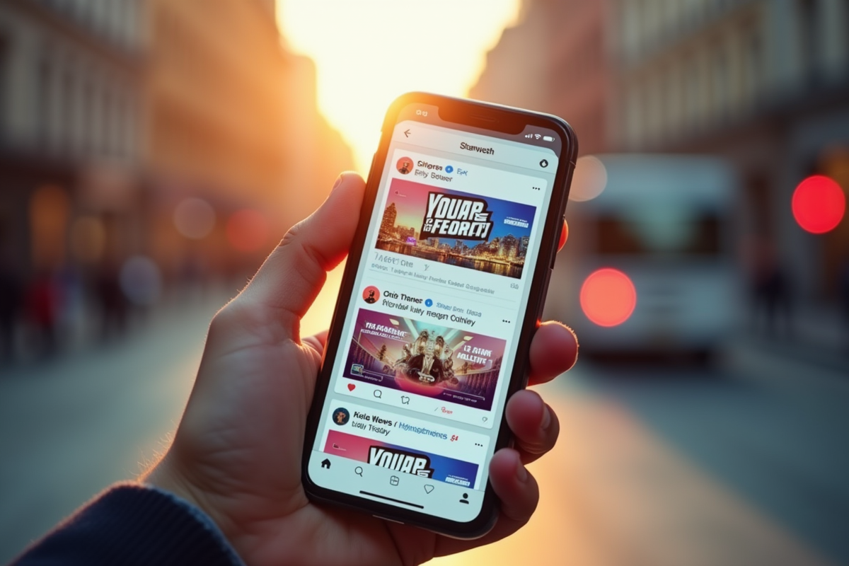 Ecran de smartphone affichant des publicites sur les réseaux sociaux