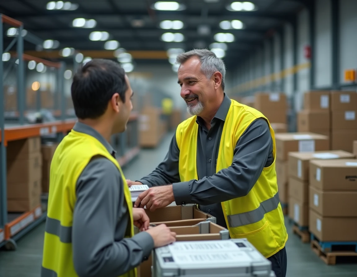 Employé Amazon assis à un poste de tri d'articles légers dans un centre logistique