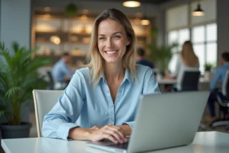 Employée du CE Loxam consultant la billetterie loisirs en ligne sur son ordinateur portable au bureau