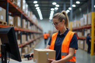 Employée Amazon en logistique scannant des colis à un poste informatique dans un entrepôt