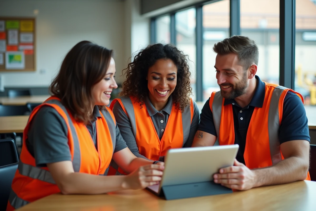 Employés Loxam consultant les offres du comité d'entreprise sur une tablette en salle de pause