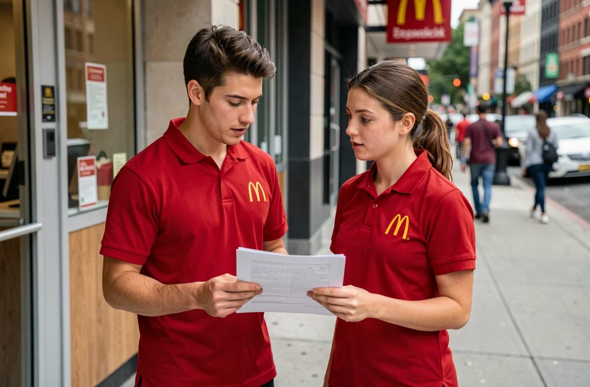 Deux étudiants employés McDonald's discutant de leurs primes de salaire devant un restaurant