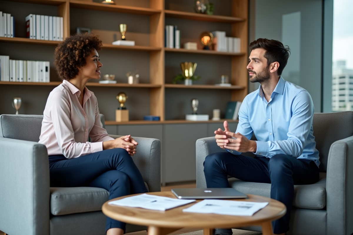 Deux ingénieurs discutant dans un salon professionnel