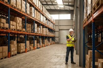 Entrepôt industriel avec rayonnages métalliques lourds et employé inspectant les structures de stockage Adour Racking dans le sud-ouest de la France