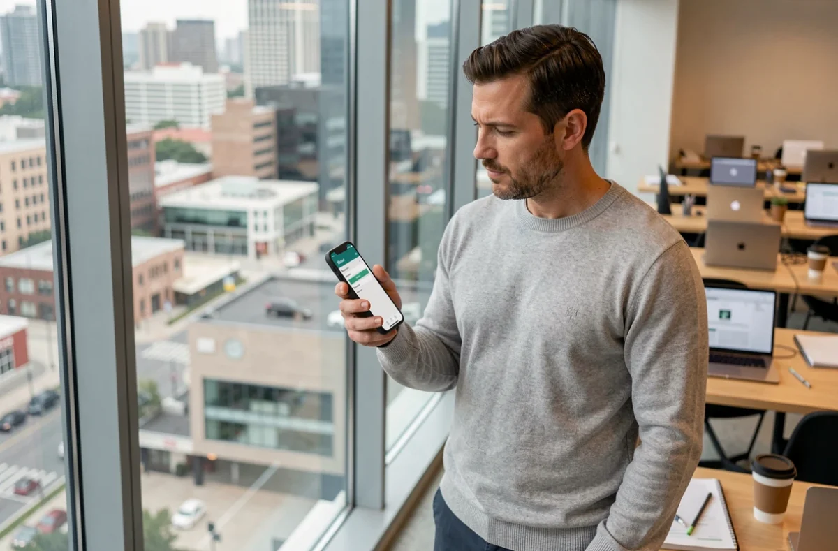Entrepreneur utilisant une application B2B sur smartphone dans un espace de coworking urbain