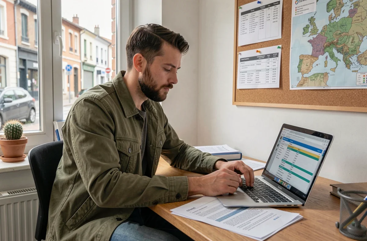 Entrepreneur de l'économie sociale et solidaire analysant un plan de développement de projet ESS dans son bureau indépendant à Toulouse, avec des documents et outils de gestion sur son bureau