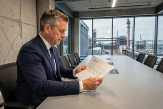 Entrepreneur industriel en costume marine examinant un mémorandum officiel dans une salle de réunion moderne avec vue sur une usine