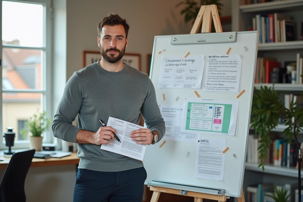 Jeune entrepreneur en région présentant sa méthode de développement d'activité sur un tableau blanc dans un bureau d'incubateur