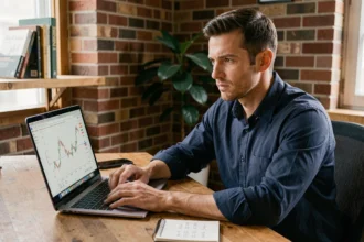 Entrepreneur analysant des graphiques financiers sur un ordinateur portable avec un petit capital de départ dans un bureau à domicile