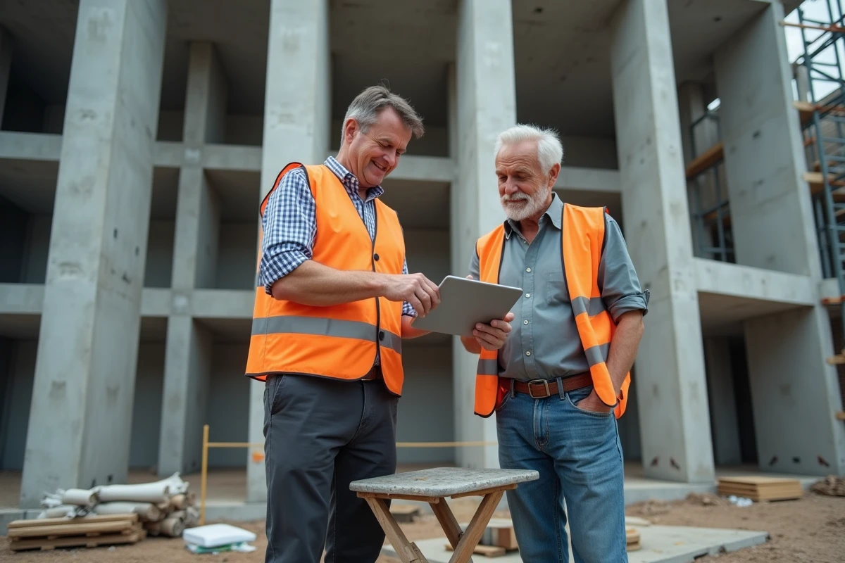 Deux entrepreneurs BTP consultant ensemble un récapitulatif de devis centralisés sur tablette sur un chantier de construction en extérieur