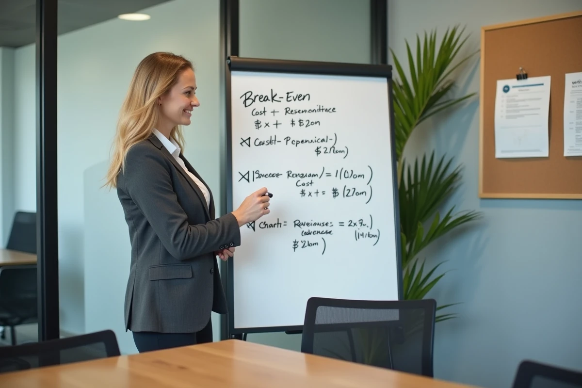 Entrepreneuse B2B expliquant le calcul du seuil de rentabilité sur un tableau blanc en salle de réunion
