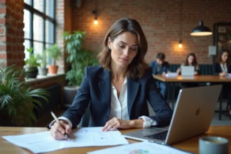 Entrepreneuse française travaillant dans un espace de co-working en région, consultant des documents d'aide à la création d'entreprise