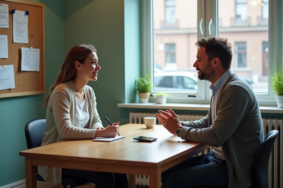 Homme et jeune femme discutant lors d