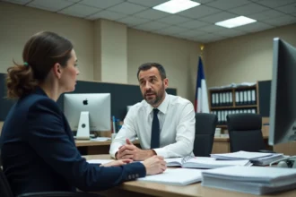 Entretien disciplinaire entre un agent de la fonction publique et un responsable RH dans un bureau administratif