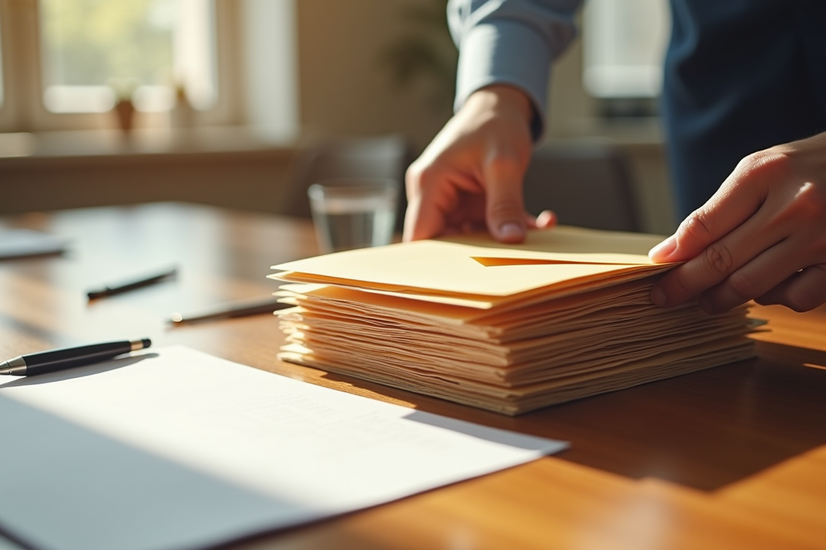 Main insérant des papiers dans des enveloppes sur une table en bois