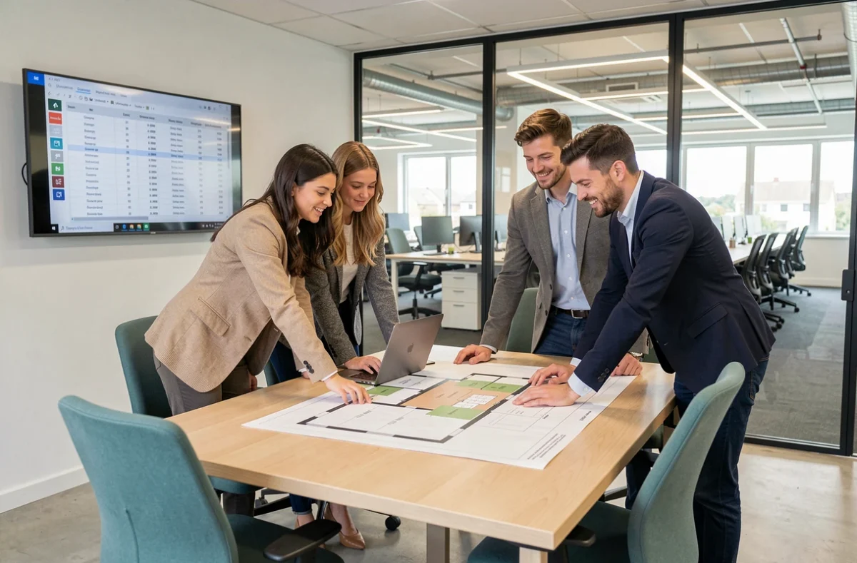Équipe de jeunes professionnels analysant des offres de location de bureaux flexibles en Île-de-France autour d'un plan d'étage