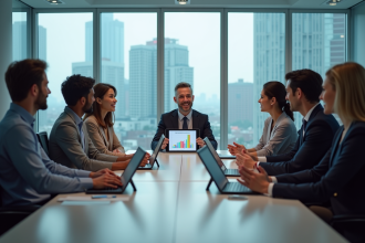 Groupe d'ingénieurs en réunion dans un bureau moderne