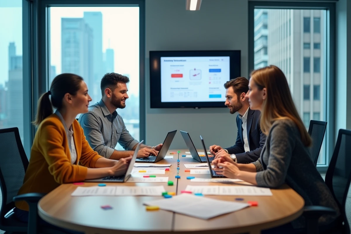 Équipe marketing collaborant sur une stratégie SWOT avec des notes autocollantes et modèles imprimés en salle de réunion